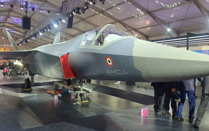 A full scale mock up of Indias Advanced Medium Combat Aircraft AMCA displayed at Aero India 2025