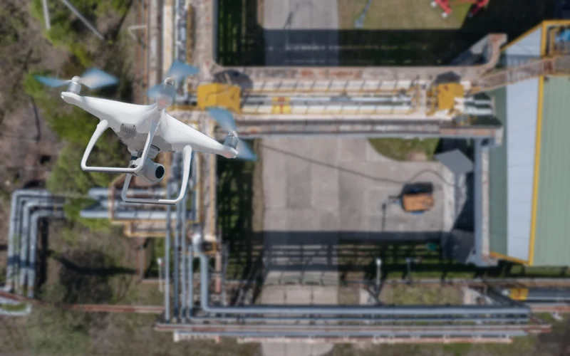 A quadcopter flies over an industrial facility