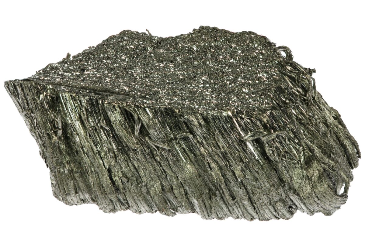 999FineScandiumIsolatedOnWhiteBackground Close up of a dark metallic mineral with glittering needle like crystals
