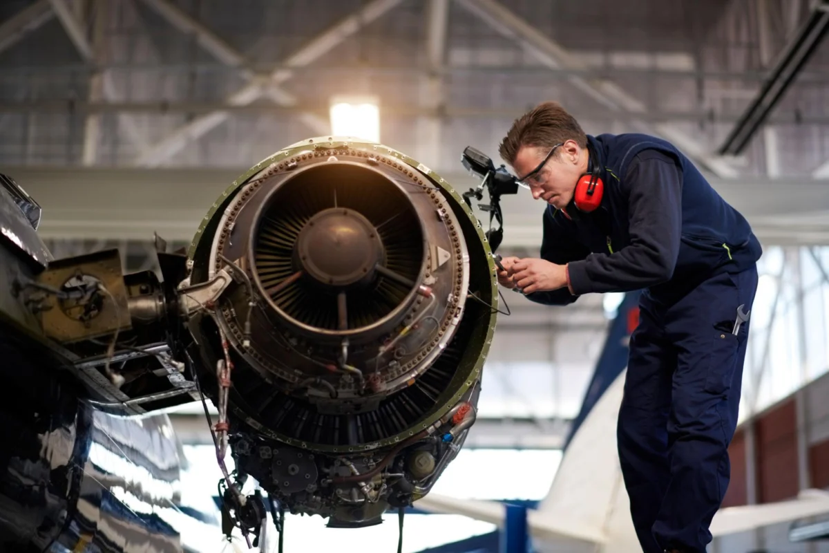 Engineer in blue overalls inspecting a jet engine in a hangar wearing safety goggles and red ear protection