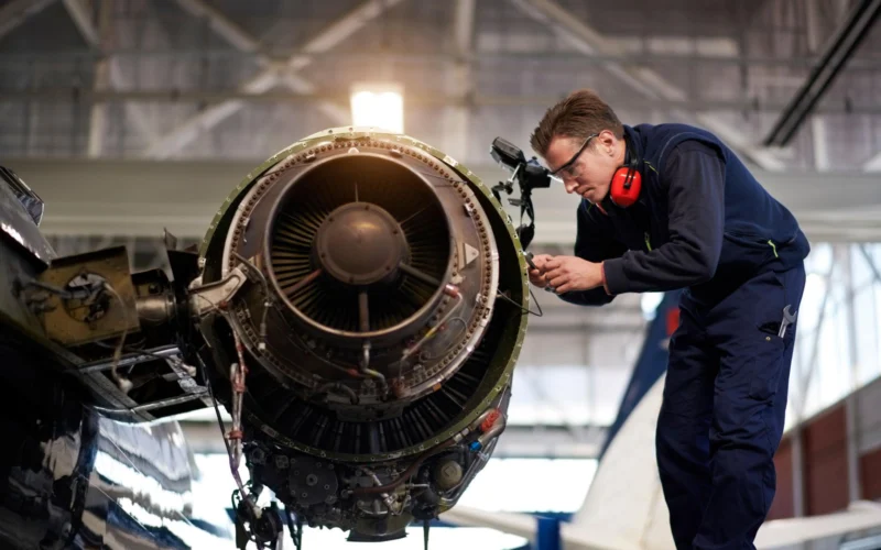 Engineer in blue overalls inspecting a jet engine in a hangar wearing safety goggles and red ear protection