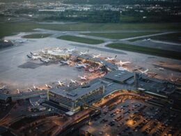 Aerial view of Montreal airport in the evening