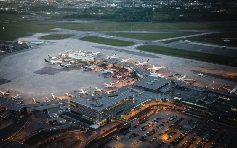 Aerial view of Montreal airport in the evening