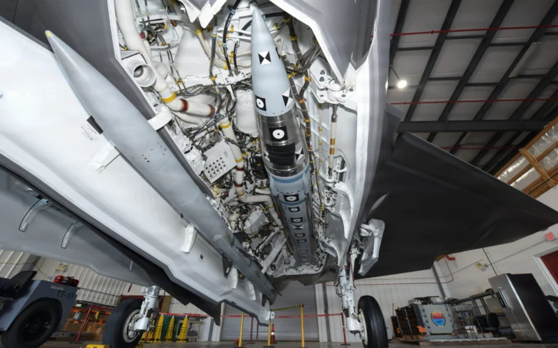 An AIM 424 Malice long range air to air missile inside the weapons bay of a US Navy F 35C Lightning II