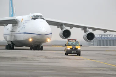 An Antonov An 124 taxis at LeipzigHalle Airport