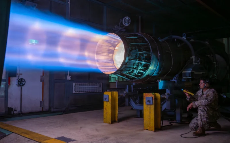 An F 15E Strike Eagle engine the F100 PW 220 goes through a routine afterburner test