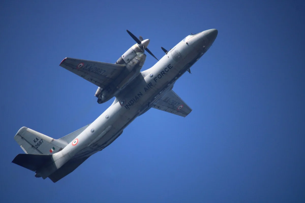 An Indian Air Force Antonov An 32 transport aircraft performs at an air show in Rajkot India