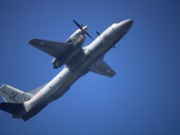 An Indian Air Force Antonov An 32 transport aircraft performs at an air show in Rajkot India