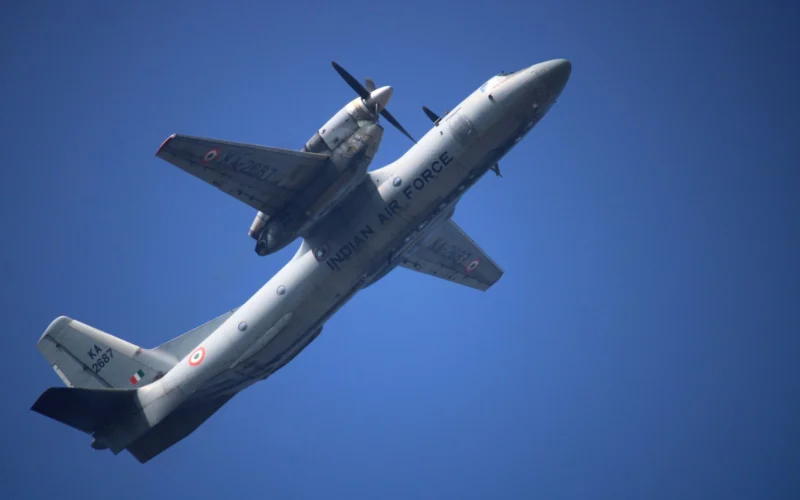 An Indian Air Force Antonov An 32 transport aircraft performs at an air show in Rajkot India