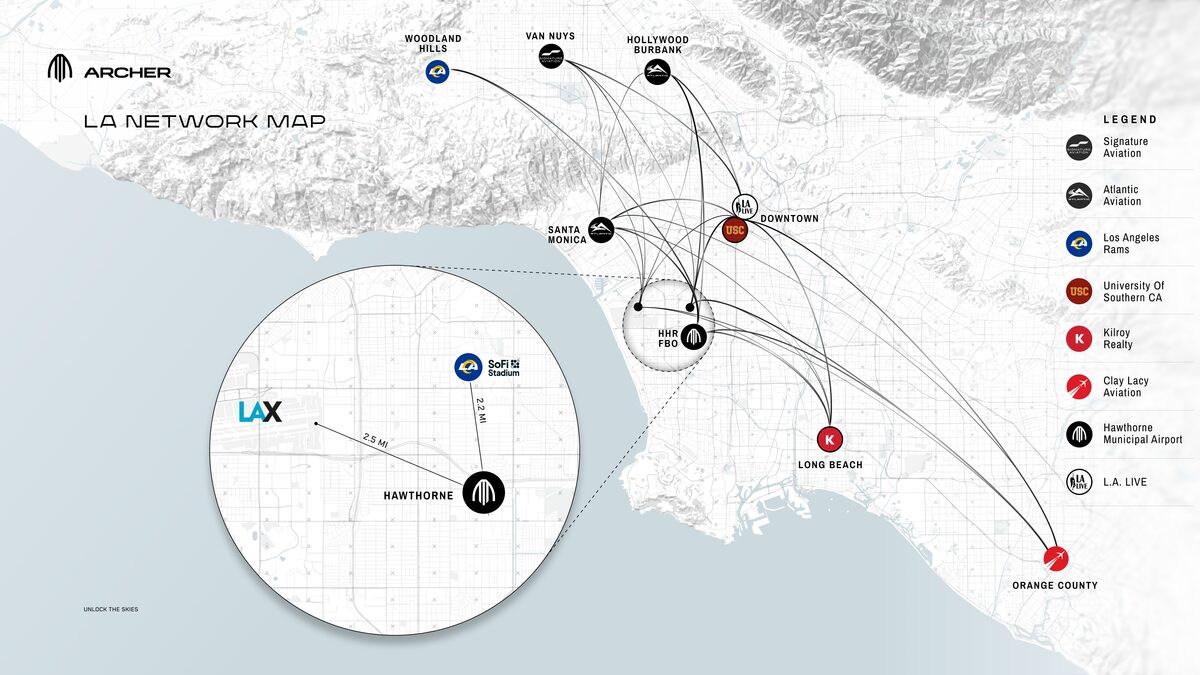 Archer LA Network Map LA network map showing connections between teams and regional locations around Downtown Los Angeles with airport hubs and logos linked by curved lines