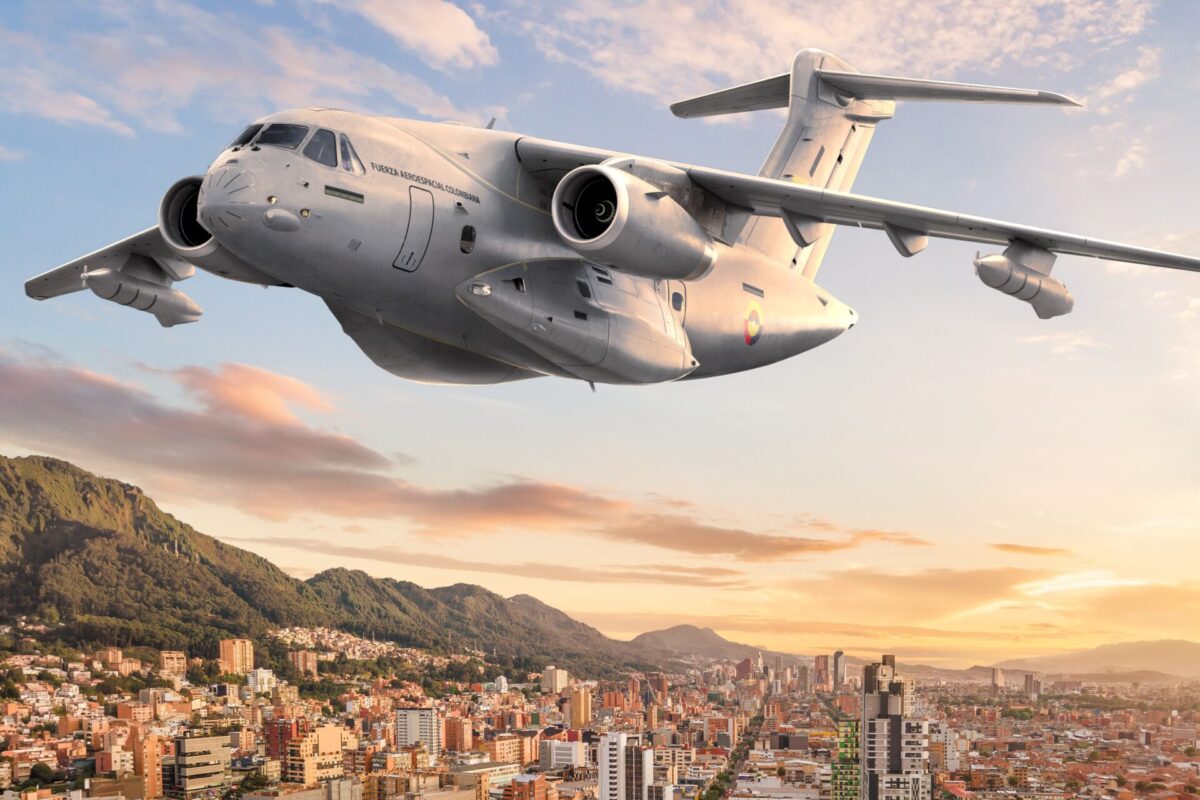 Artists impression of an Embraer KC 390 Millennium in Colombian Aerospace Force colors flying over Bogotá