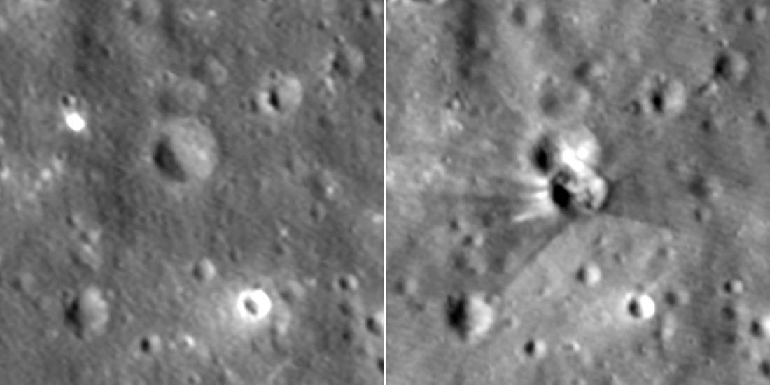 Before and after LRO images show the lunar surface prior to the Falcon 9 upper stages impact and the new 60 foot wide crater afterward Before and after LRO images show the lunar surface prior to the Falcon 9 upper stages impact and the new 60 foot wide crater afterward