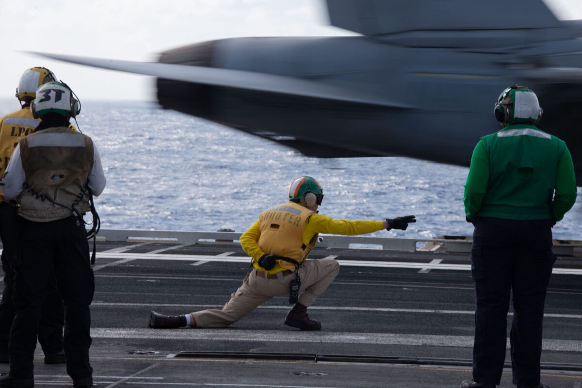 Catapult launch of an FA 18 from the flight deck of USS Gerald R Ford in the Atlantic Ocean Catapult launch of an FA 18 from the flight deck of USS Gerald R Ford in the Atlantic Ocean