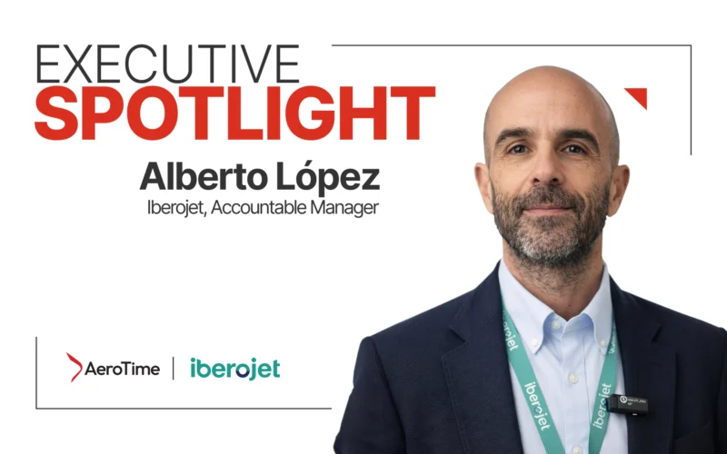 Executive Spotlight banner featuring Alberto López Iberojet Accountable Manager with AeroTime and Iberojet logos