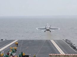 First catapult launch of an FA 18 from the flight deck of USS Gerald R Ford