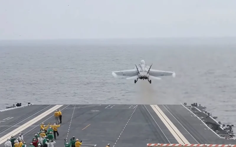 First catapult launch of an FA 18 from the flight deck of USS Gerald R Ford