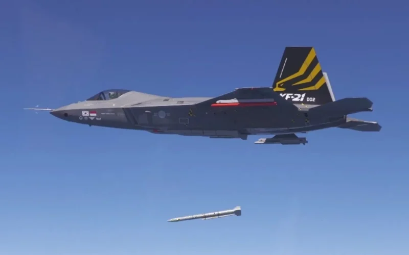 KF 21 Boramae prototype 002 releases an MBDA Meteor beyond visual range air to air missile during a test flight