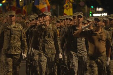 Moldovan soldiers rehearse ahead of the countrys Independence Day parade in Chișinău in August 2026