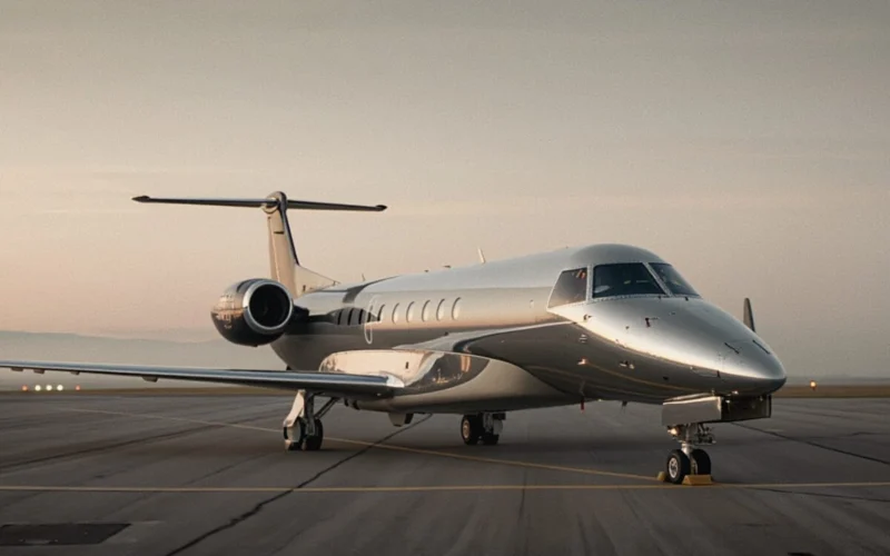 Sleek silver private jet parked on an airport tarmac at sunset