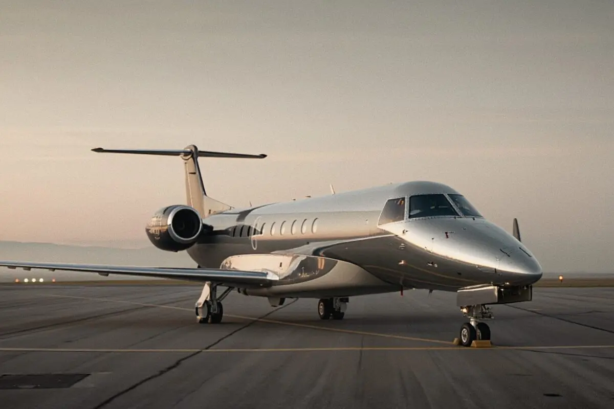PJ L650 external 1 Sleek silver private jet parked on an airport tarmac at sunset