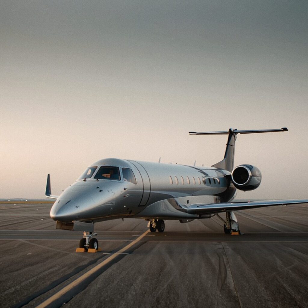 PJ L650 external 2 Silvery private jet on a runway nose left engines at the rear during sunset