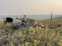 Wrecked small airplane in a grassy field with twisted metal and a distant fence line in the background