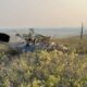 Wrecked small airplane in a grassy field with twisted metal and a distant fence line in the background