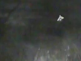 A Russian Geran 4 jet powered attack drone seen from a Ukrainian interceptor shortly before its video feed cut out