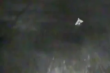 A Russian Geran 4 jet powered attack drone seen from a Ukrainian interceptor shortly before its video feed cut out