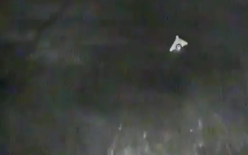 A Russian Geran 4 jet powered attack drone seen from a Ukrainian interceptor shortly before its video feed cut out