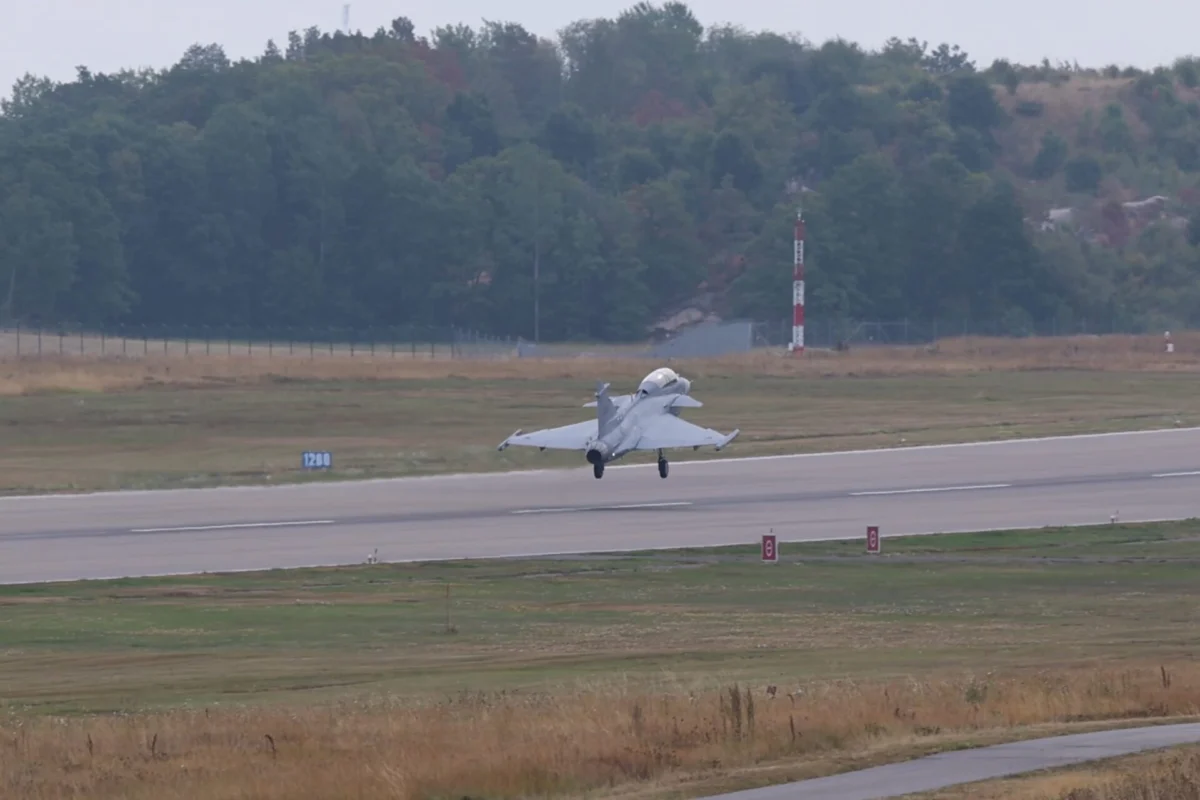 Saabs two seat Gripen F lifts off from Linköping Sweden on its first flight
