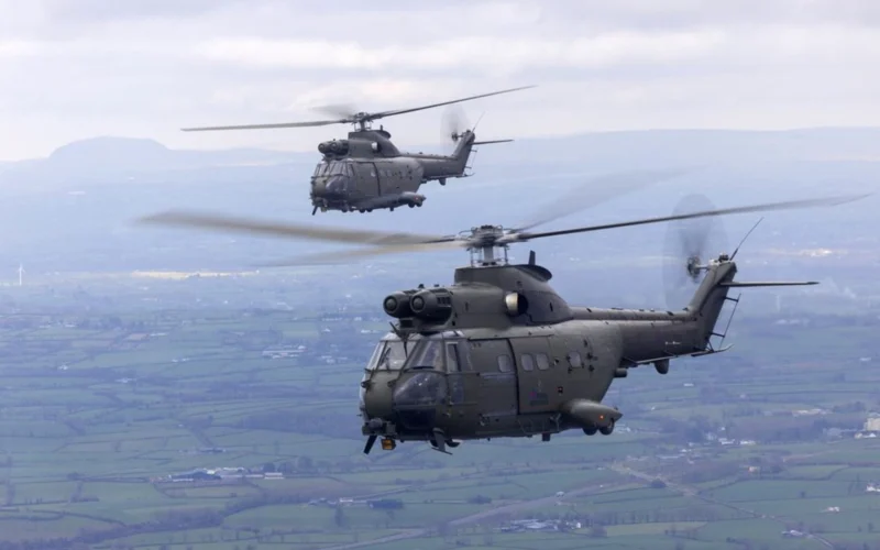 Two Royal Air Force Puma HC2 helicopters conduct the types final UK flypast on March 26 2025
