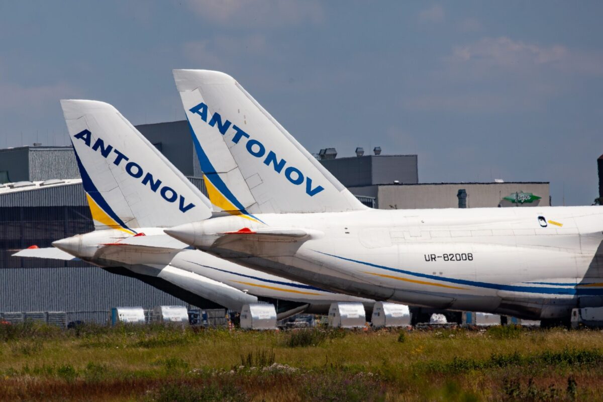 Two tails of Antonov Airlines An 124 freighters at Leipzig Airport Two tails of Antonov Airlines An 124 freighters at Leipzig Airport