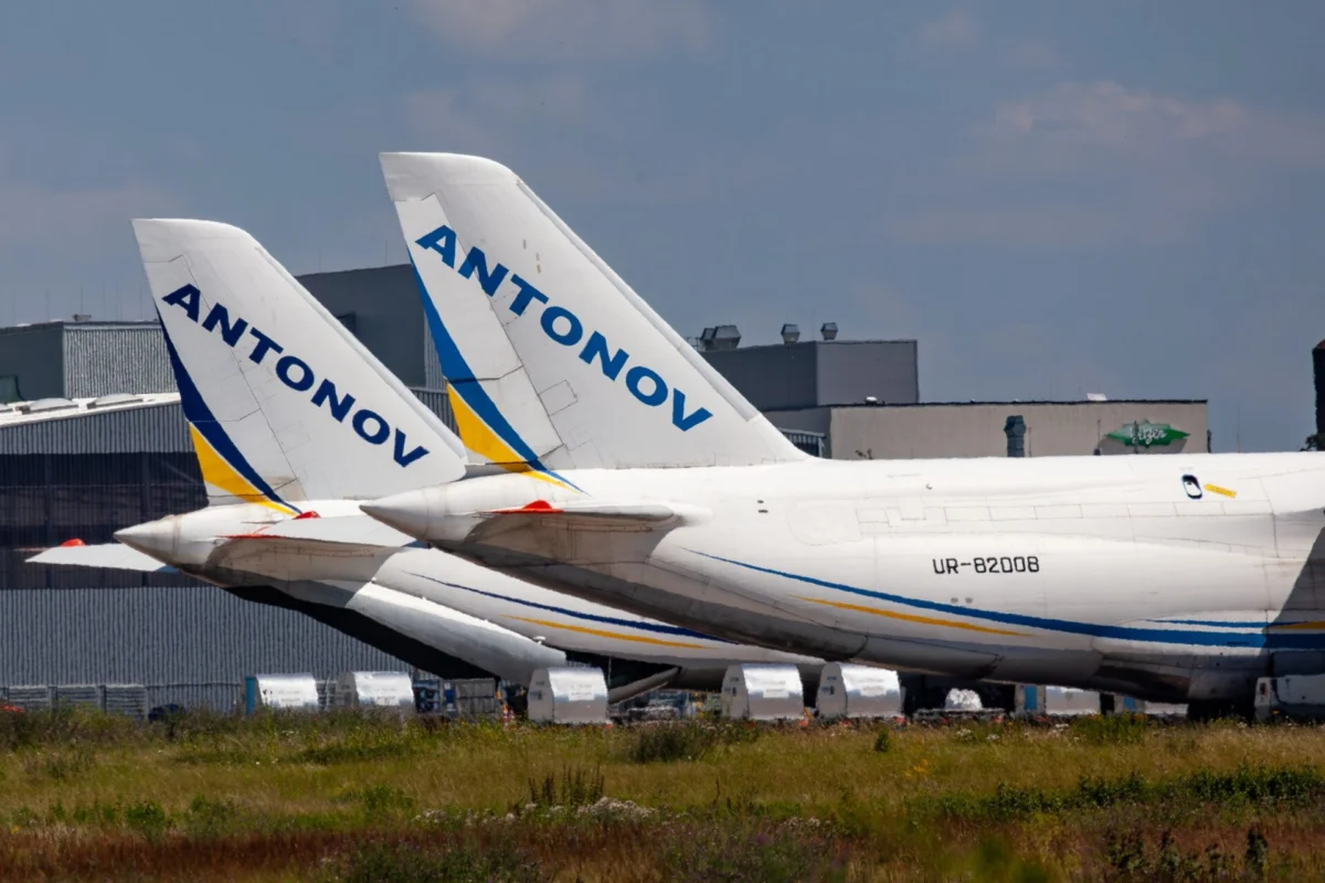 Two tails of Antonov Airlines An 124 freighters at Leipzig Airport Two tails of Antonov Airlines An 124 freighters at Leipzig Airport