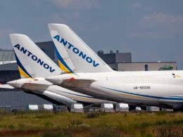 Two tails of Antonov Airlines An 124 freighters at Leipzig Airport