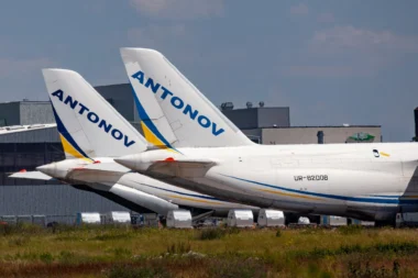 Two tails of Antonov Airlines An 124 freighters at Leipzig Airport