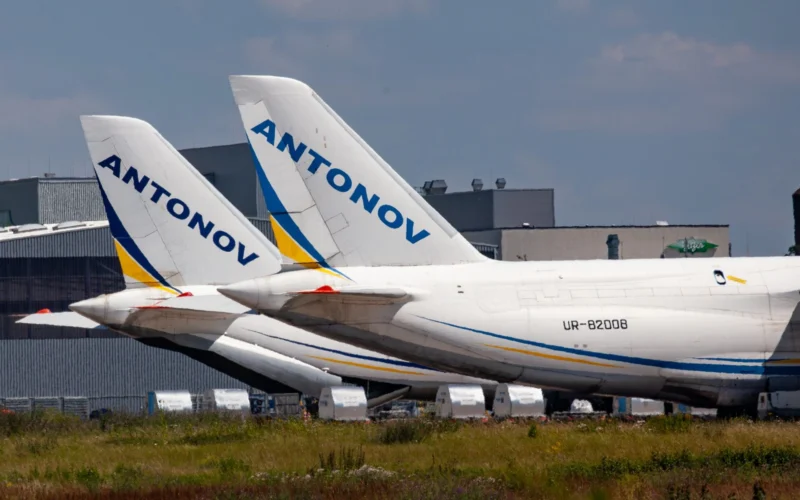 Two tails of Antonov Airlines An 124 freighters at Leipzig Airport