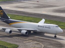 UPS Boeing 747 cargo plane on the taxiway with Worldwide Services branding on the fuselage