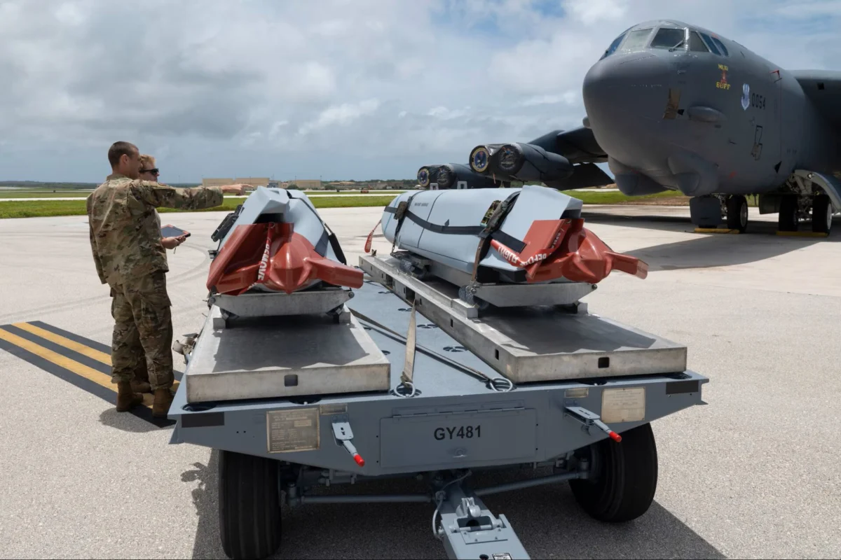 US Air Force personnel prepare AGM 158 JASSM cruise missiles for loading onto a B 52H Stratofortress at Andersen Air Force Base Guam