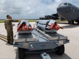 US Air Force personnel prepare AGM 158 JASSM cruise missiles for loading onto a B 52H Stratofortress at Andersen Air Force Base Guam