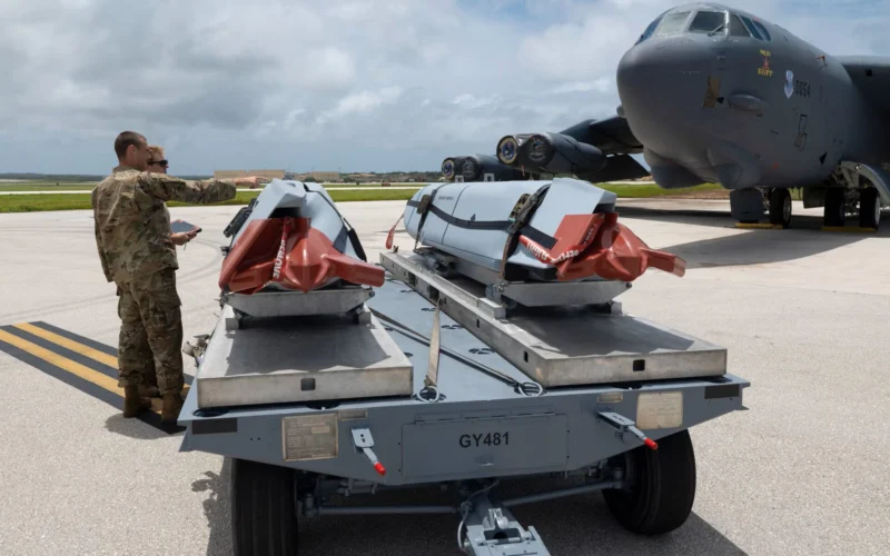 US Air Force personnel prepare AGM 158 JASSM cruise missiles for loading onto a B 52H Stratofortress at Andersen Air Force Base Guam