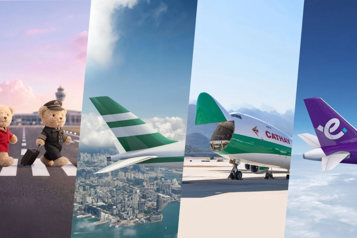 Collage showing teddy bears in pilot outfits with luggage against airplanes and a runway backdrop to suggest air travel fun