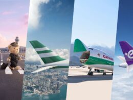 Collage showing teddy bears in pilot outfits with luggage against airplanes and a runway backdrop to suggest air travel fun