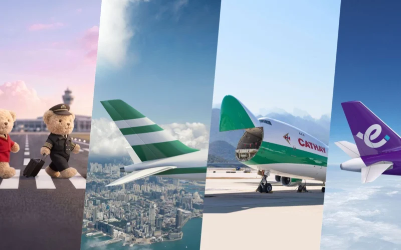 Collage showing teddy bears in pilot outfits with luggage against airplanes and a runway backdrop to suggest air travel fun