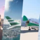 Collage showing teddy bears in pilot outfits with luggage against airplanes and a runway backdrop to suggest air travel fun