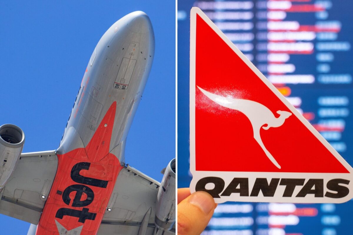 Qantas JAL sign deal to reshape Jetstar Japan ownership Split image left underside of a Qantas airliner tail against a blue sky right red triangular sign with a white kangaroo logo and blurred airport board in background