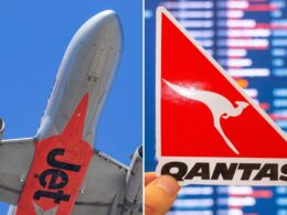 Split image left   underside of a Qantas airliner tail against a blue sky right   red triangular sign with a white kangaroo logo and blurred airport board in background