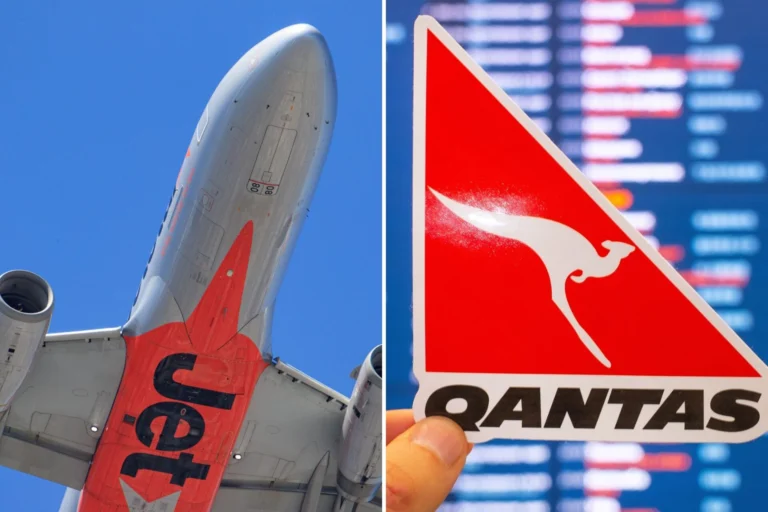 Split image left   underside of a Qantas airliner tail against a blue sky right   red triangular sign with a white kangaroo logo and blurred airport board in background
