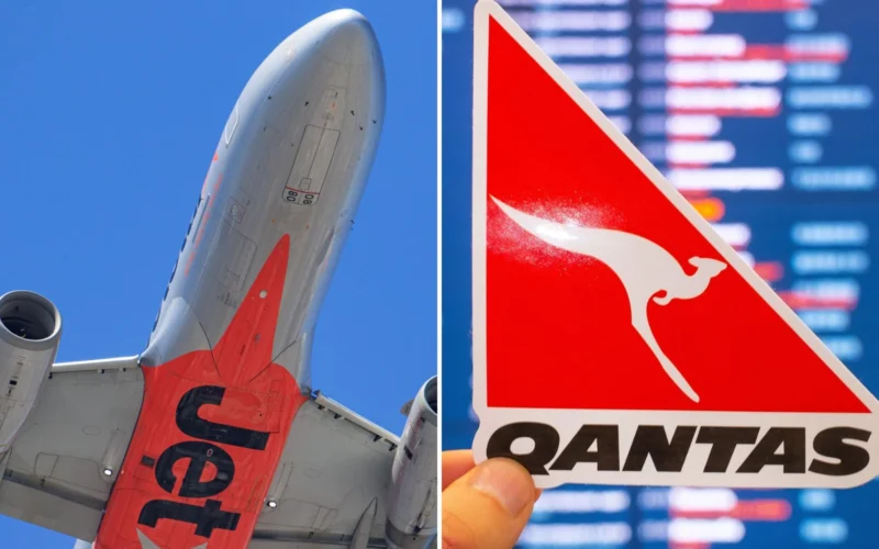 Split image left   underside of a Qantas airliner tail against a blue sky right   red triangular sign with a white kangaroo logo and blurred airport board in background