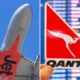 Split image left   underside of a Qantas airliner tail against a blue sky right   red triangular sign with a white kangaroo logo and blurred airport board in background